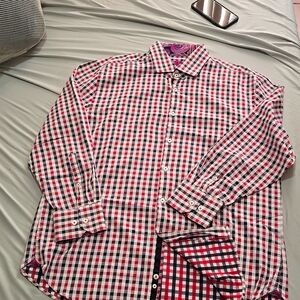 Michelson's London Long Sleeve Plaid Red Blue Button Front Dress Shirt Size XL